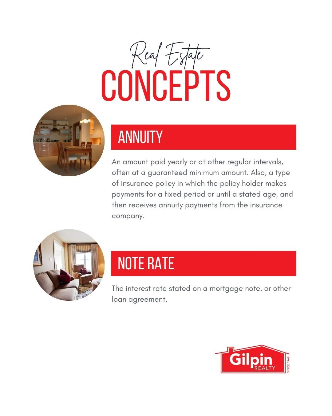 Real Estate Concepts

ANNUITY 
An amount paid yearly or at other regular intervals, often at a guaranteed minimum amount. Also, a type of insurance policy in which the policy holder makes payments for a fixed period or until a stated age, and then re