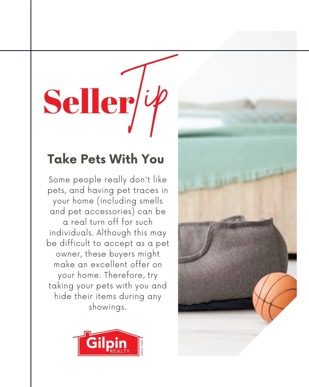 Seller Tip - February

Take Pets With You 
Some people really don't like pets, and having pet traces in your home (including smells and pet accessories) can be a real turn off for such individuals. Although this may be difficult to accept as a pet ow