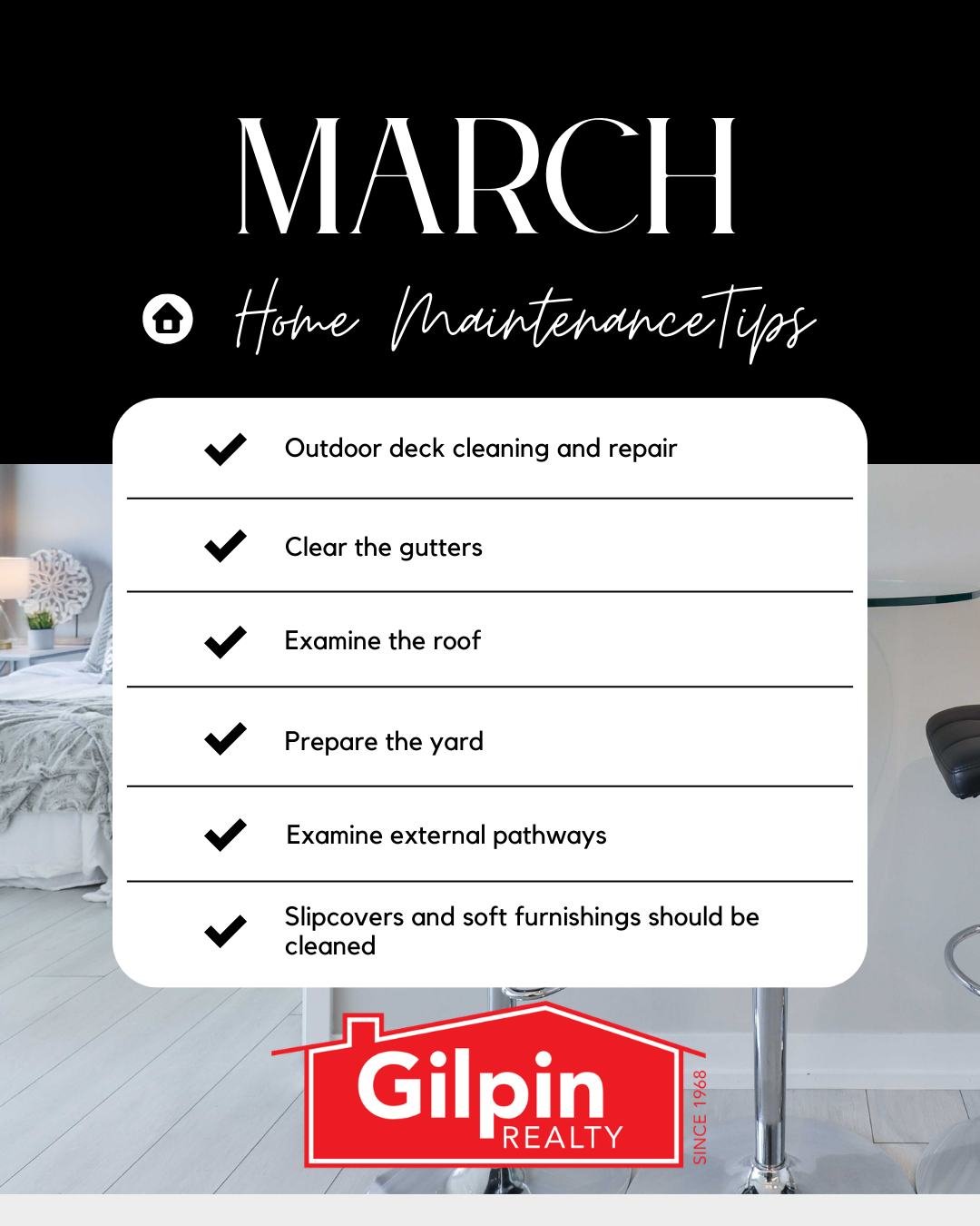 March Home Maintenance Tips

✔️ Outdoor deck cleaning and repair 
✔️ Clear the gutters 
✔️ Examine the roof 
✔️ Prepare the yard 
✔️ Examine external pathways 
✔️ Slipcovers and soft furnishings should be cleaned 

#GilpinRealty #Snohomish #RealEstat