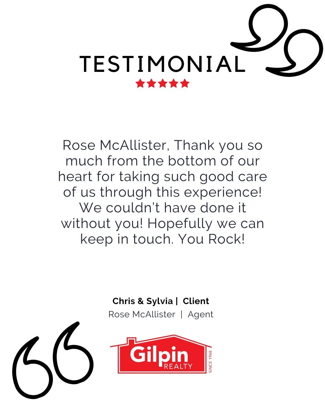 "Rose McAllister, Thank you so much from the bottom of our heart for taking such good care of us through this experience! We couldn&rsquo;t have done it without you! Hopefully we can keep in touch. You Rock!" - Chris &amp; Sylvia 
.
.
.
#Gi
