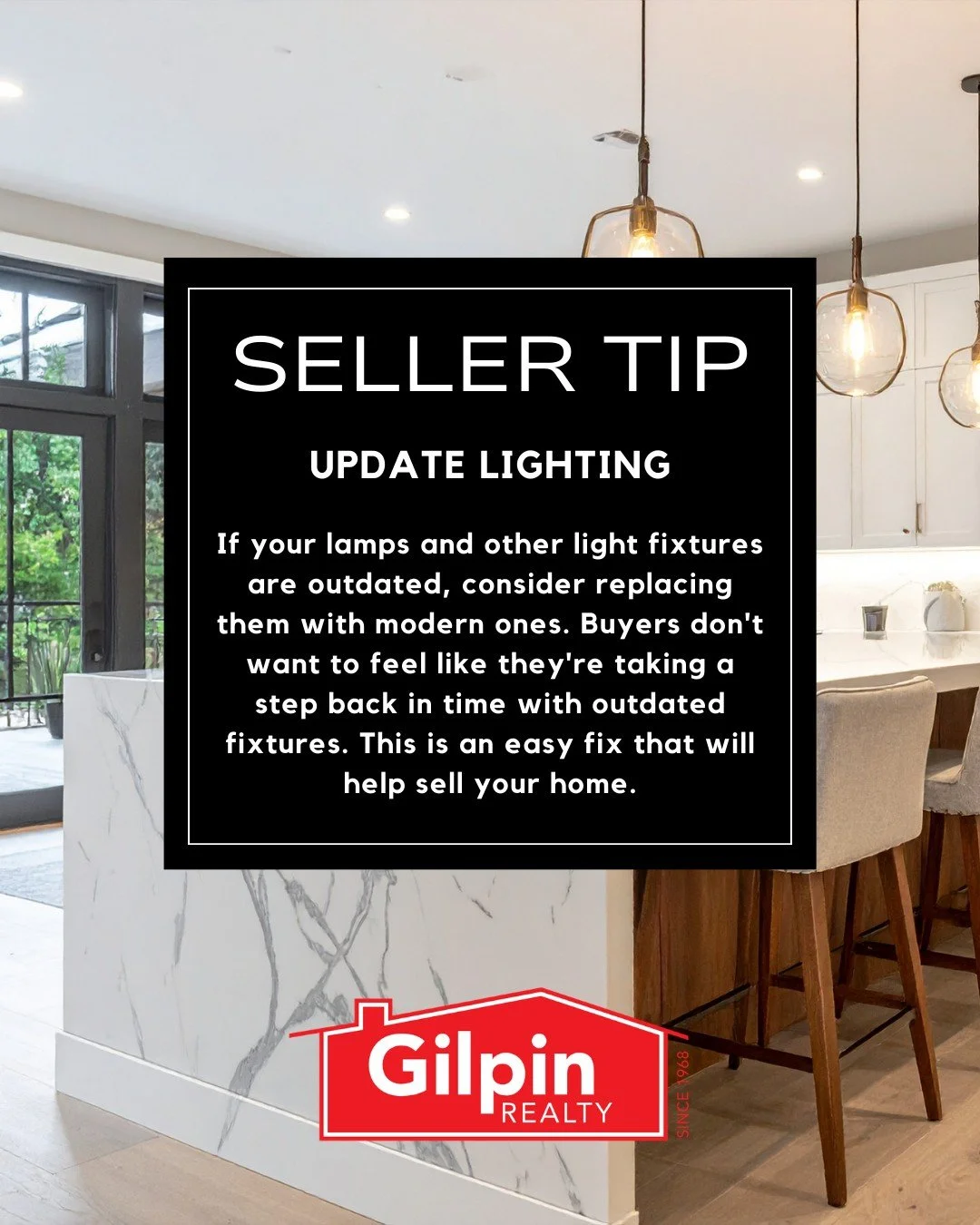 Seller Tip - April

UPDATE LIGHTING 
If your lamps and other light fixtures are outdated, consider replacing them with modern ones. Buyers don't want to feel like they're taking a step back in time with outdated fixtures. This is an easy fix that wil