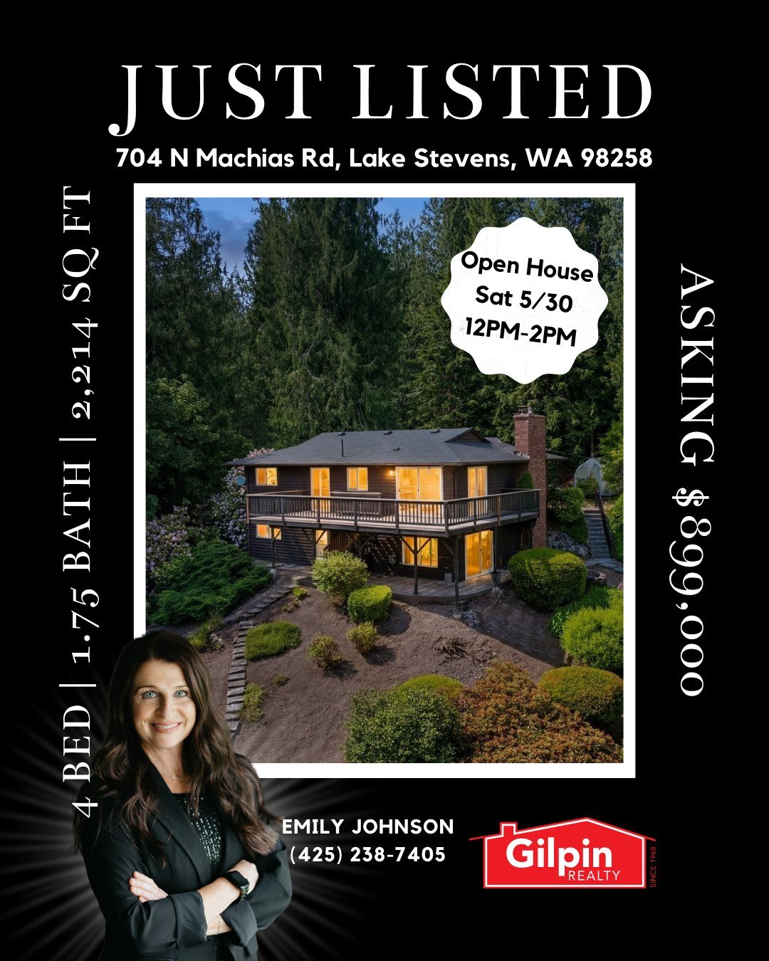 JUST LISTED ✨🌲
📍704 N Machias Rd, Lake Stevens, WA 98258
🛏 4 Bed | 🛁 1.75 Bath | 📐 2,214 SF
🌳 8.54 Acres
💲 $899,000

OPEN HOUSE &mdash; Saturday, May 30 | 12PM&ndash;2PM 

Escape to your own private retreat on 8.54 acres in Machias! Nestled al