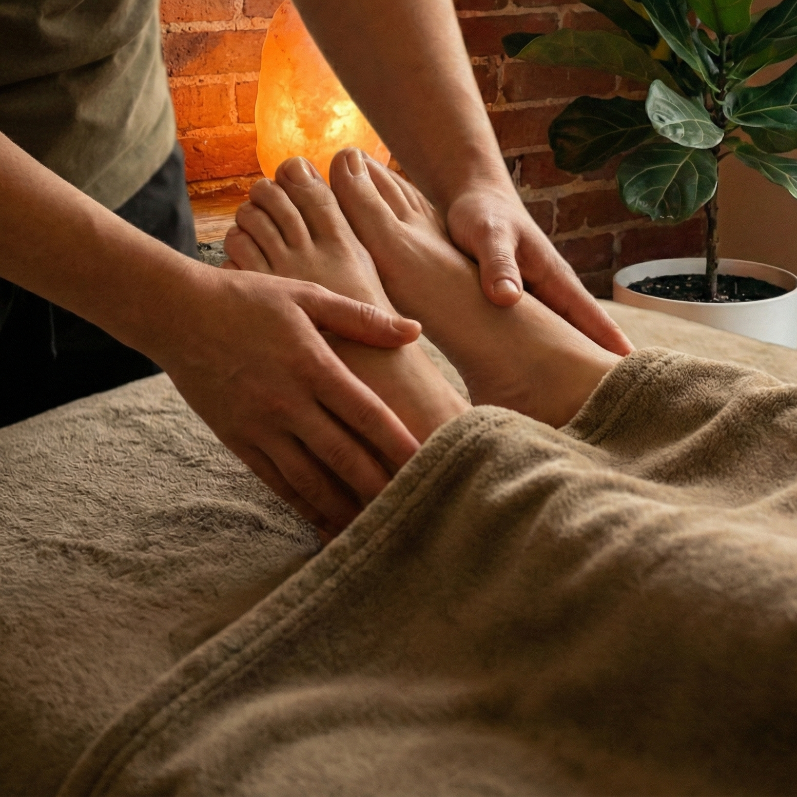 2 hands massaging 2 feet on a massage table