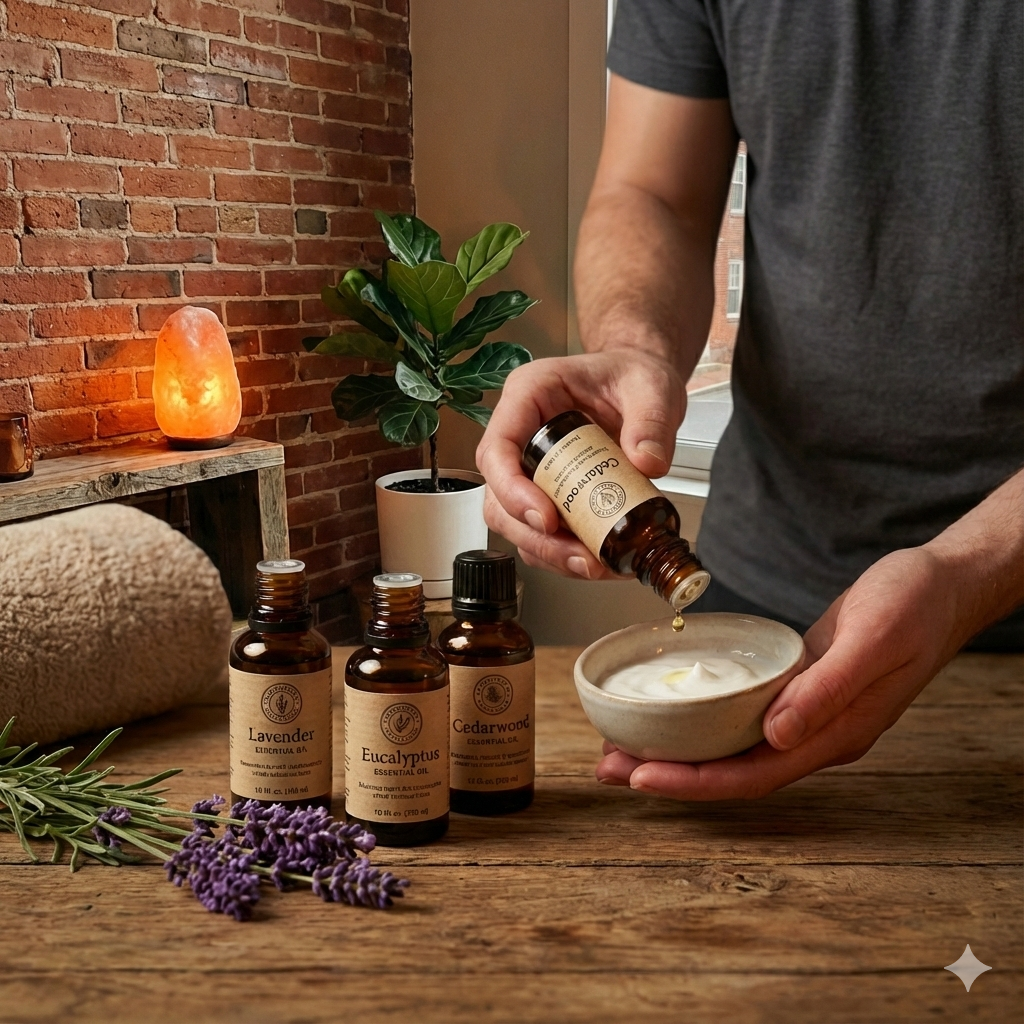 hands pouring oils into a bowl for aromatherpay