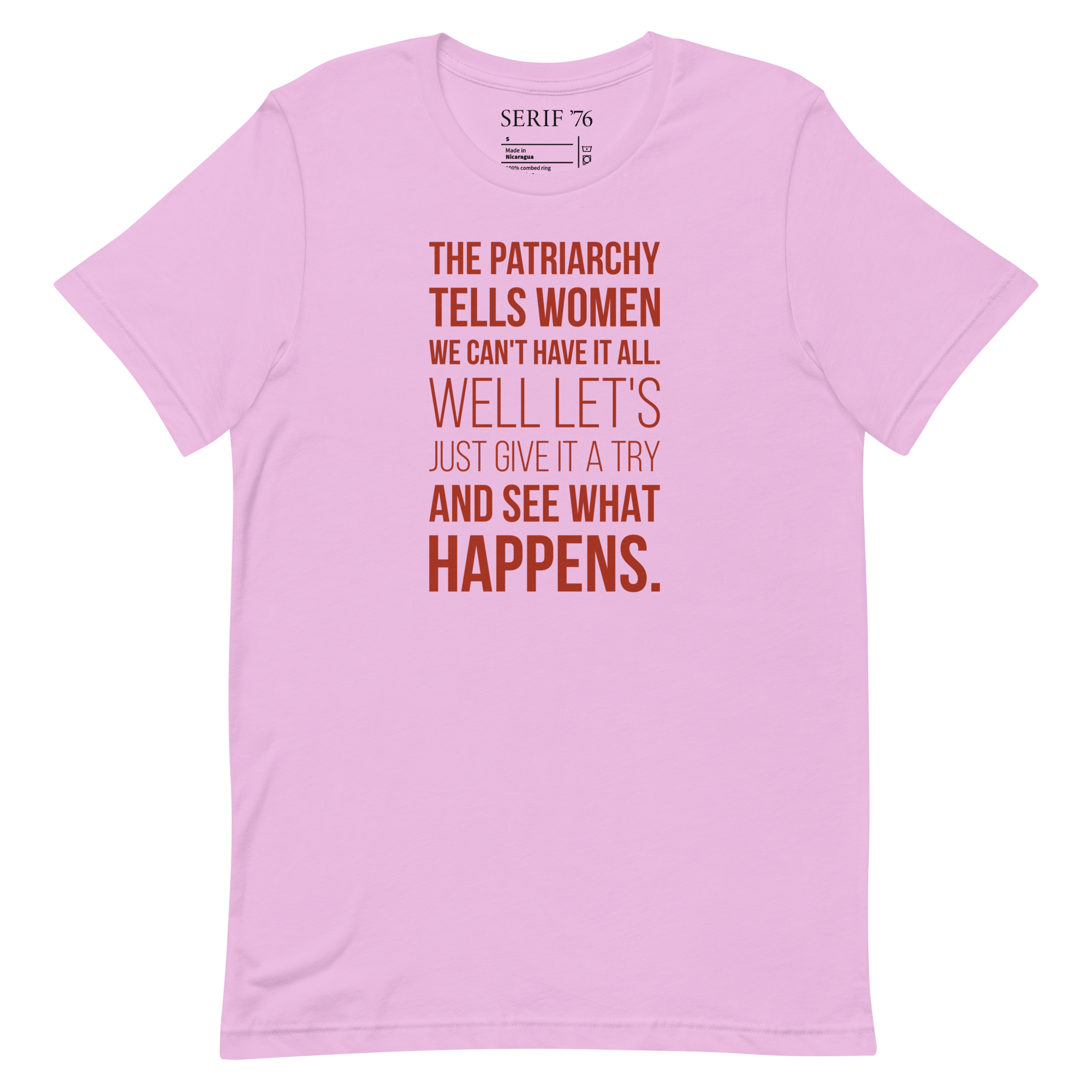 Magenta colored short sleeved unisex t-shirt with a quote about dismantling the patriarchy on it.