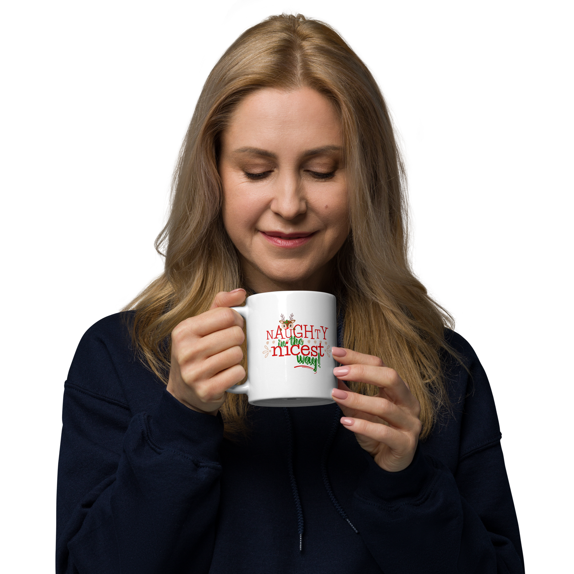 Women modeling a 15 oz white glossy coffee mug with the cute reindeer design that says Naughty in the Nicest Way.