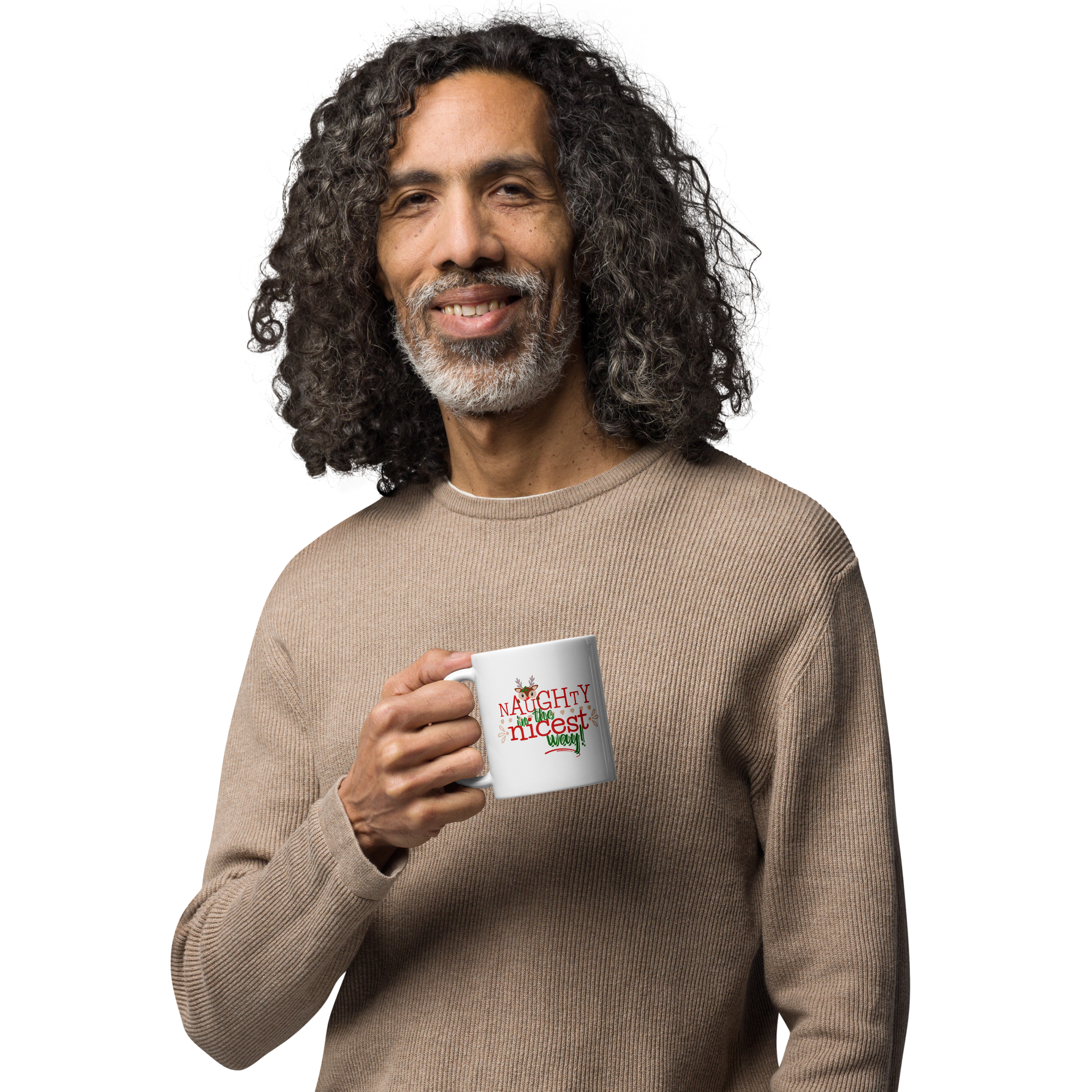 Man modeling a 11 oz white glossy coffee mug with the cute reindeer design that says Naughty in the Nicest Way.