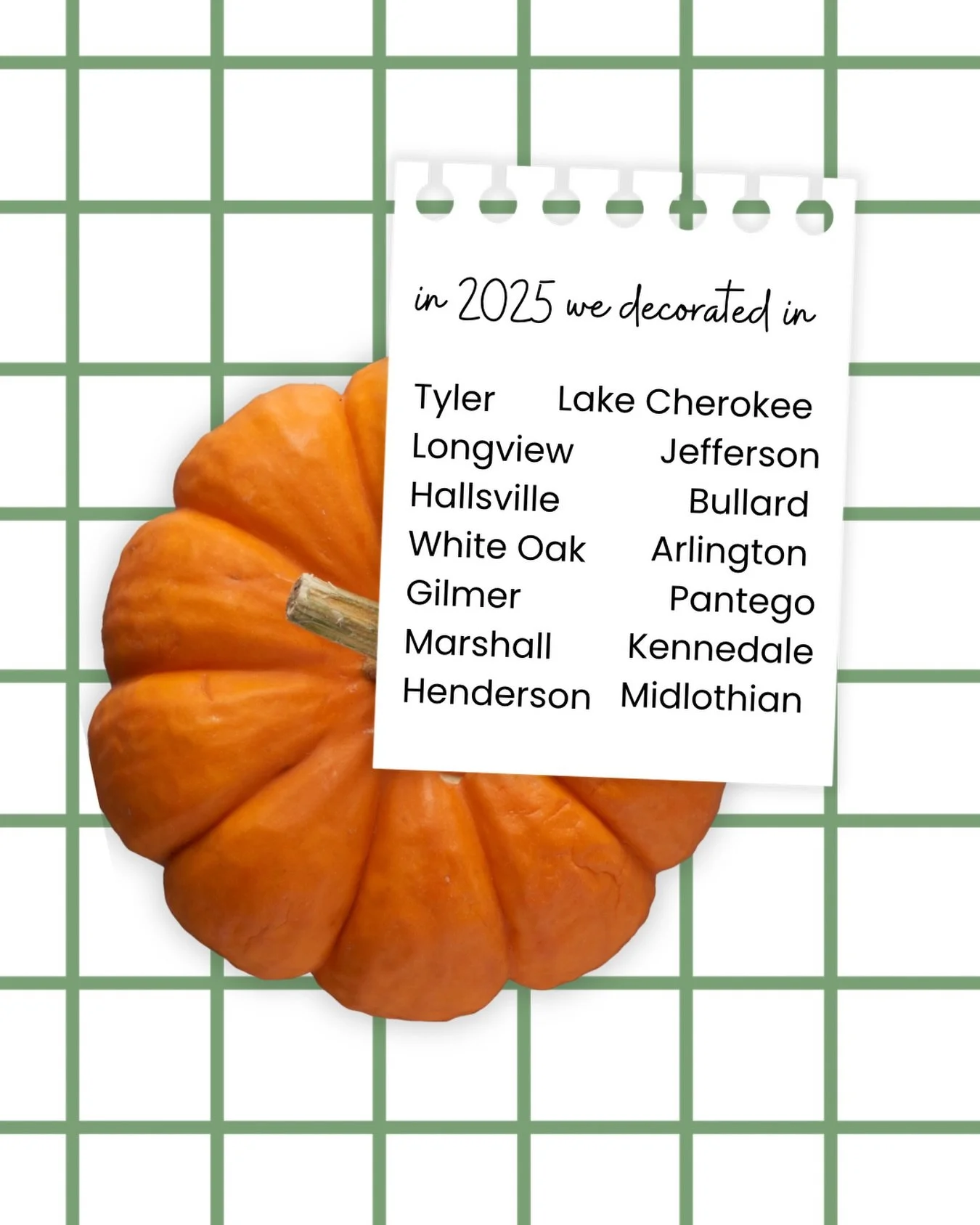 Where do we decorate?! Pretty much all over East Texas + a little DFW where I grew up. 

If you&rsquo;re not on the list from last year, we can make it happen this season! 

Comment &ldquo;PUMPKIN&rdquo; to look at our package options!