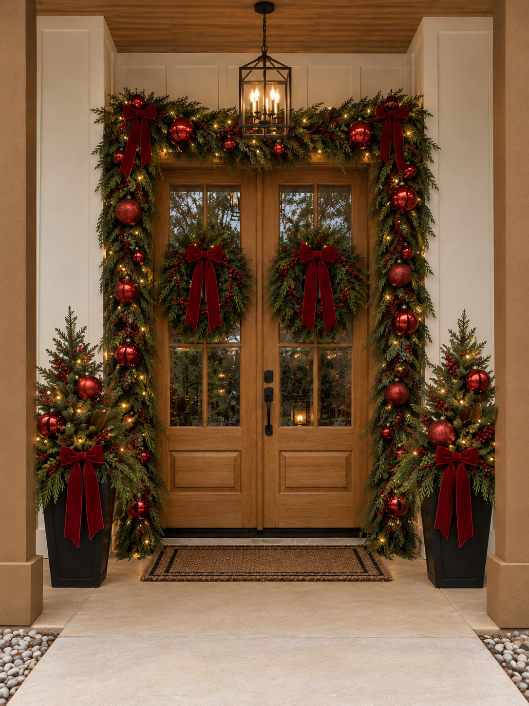 Christmas Porch with live garland around front door, filled with red and gold ornaments, live mini trees and red velvet bows. Two Live Wreaths with red bows