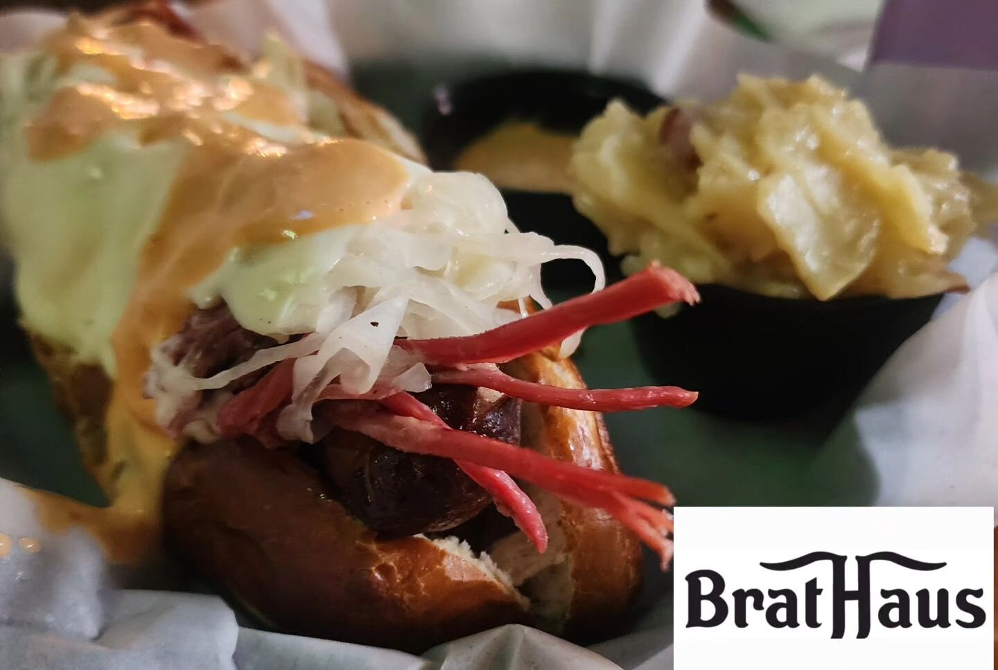 Rubenwursts are here while supplies last!  Traditional Haus Brat topped with our slow roasted corned beef, saurkraut and 1000 Island dressing!  You don't want to miss this!  #bratsburgersbier🍀