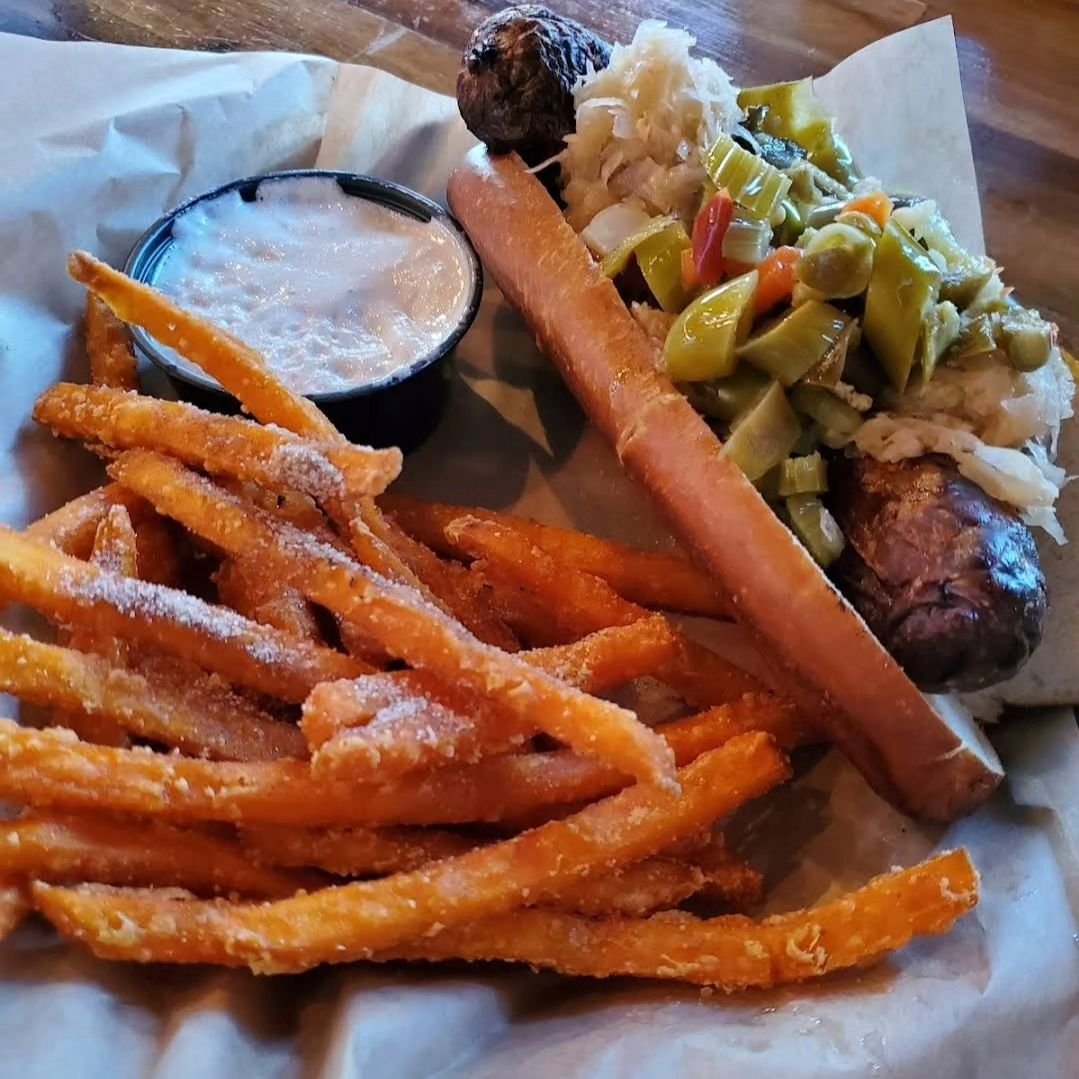 Hotwurst and sweet potato fries!  Visit Sage and Jenn tonight or order online for pickup or delivery!  Kitchen is open until 9pm.  #bratsburgersbier