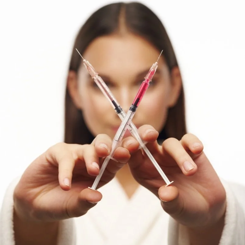A woman holding two syringes crossed in front of her face, with a blurred white background.