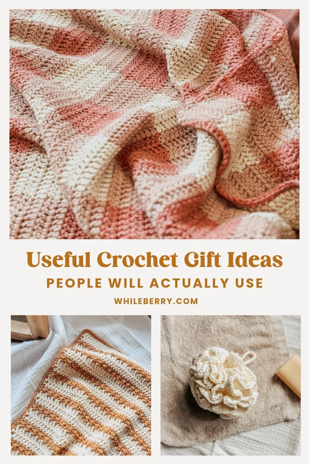 a collage of photos of three items: gingham crochet baby blanket, textured crochet tea towel and a crochet bath puff