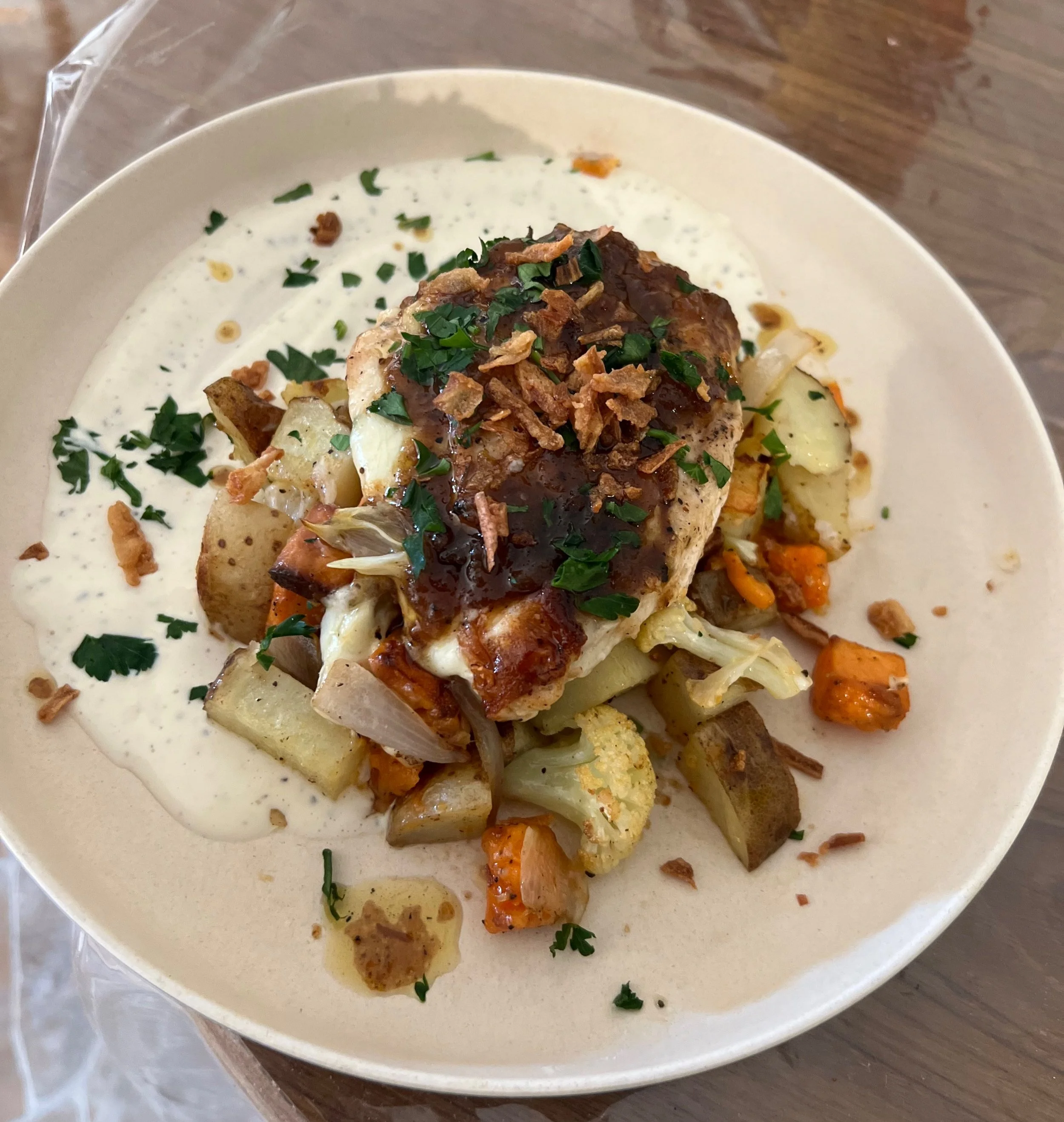 Oven Roasted Chicken with pan roasted veggies and Truffle ranch.