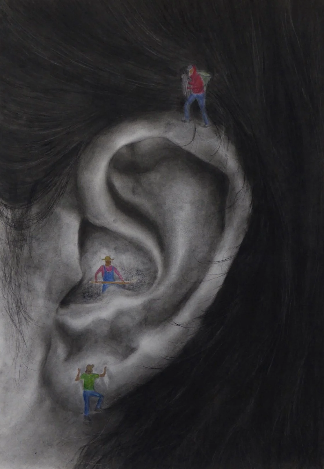 Con Cuidado, Charcoal and watercolor on paper, 26 x 18 in, 2025