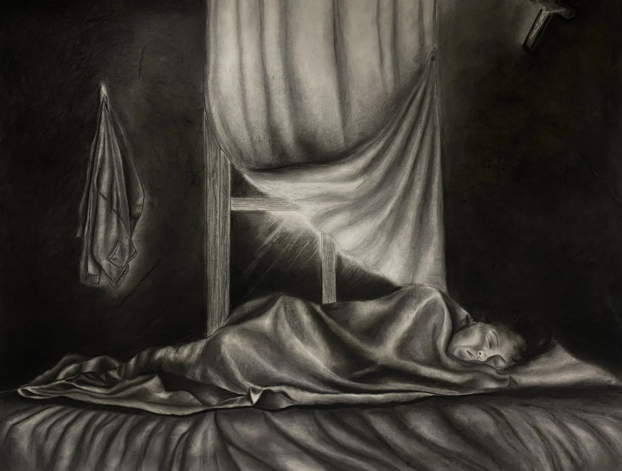 mi brazo por tu cuerpo entero, Charcoal on paper, 60 x 72 in, 2026