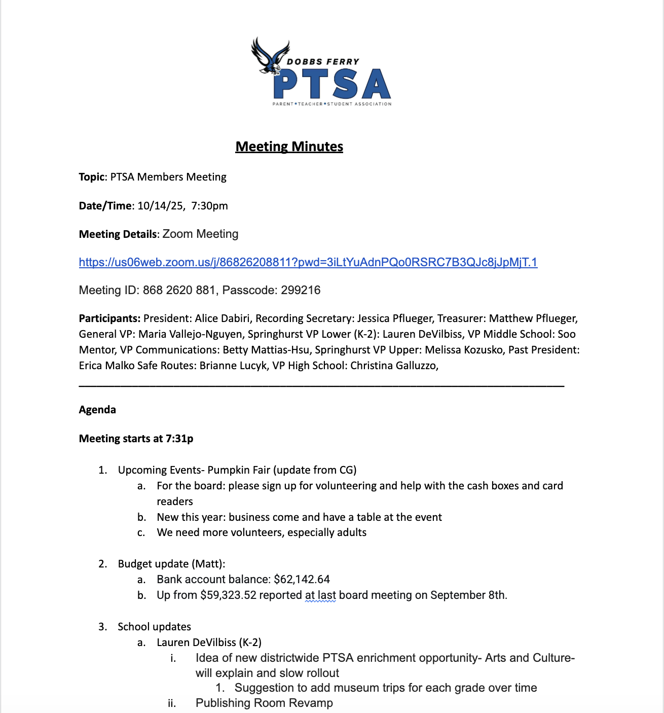 Screenshot of a Zoom meeting minutes document for the PTSA General Members Meeting held on May 29, 2025, at 7:00 pm, including agenda items and participant details.