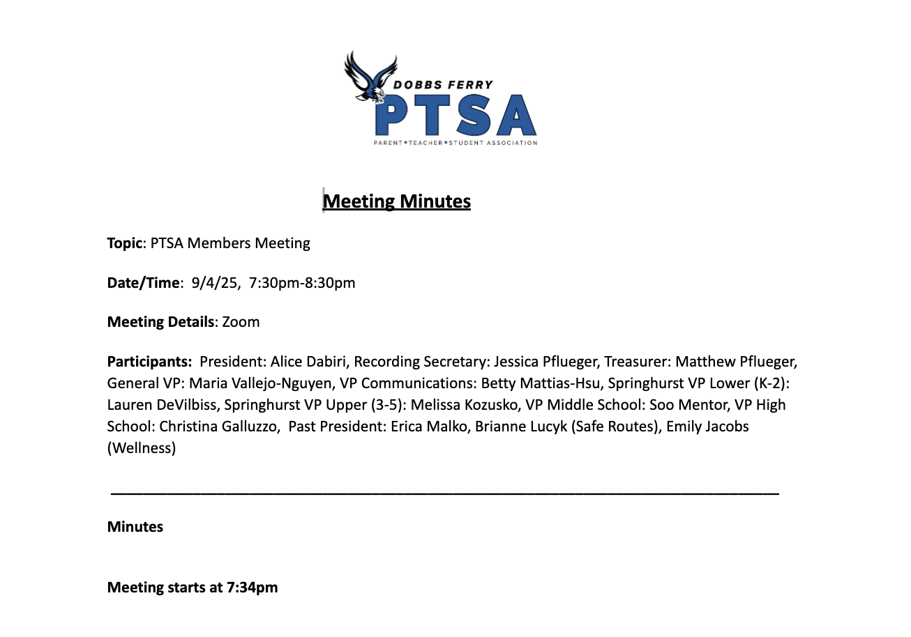 Meeting minutes document for the PTA (Parent-Teacher Association) \