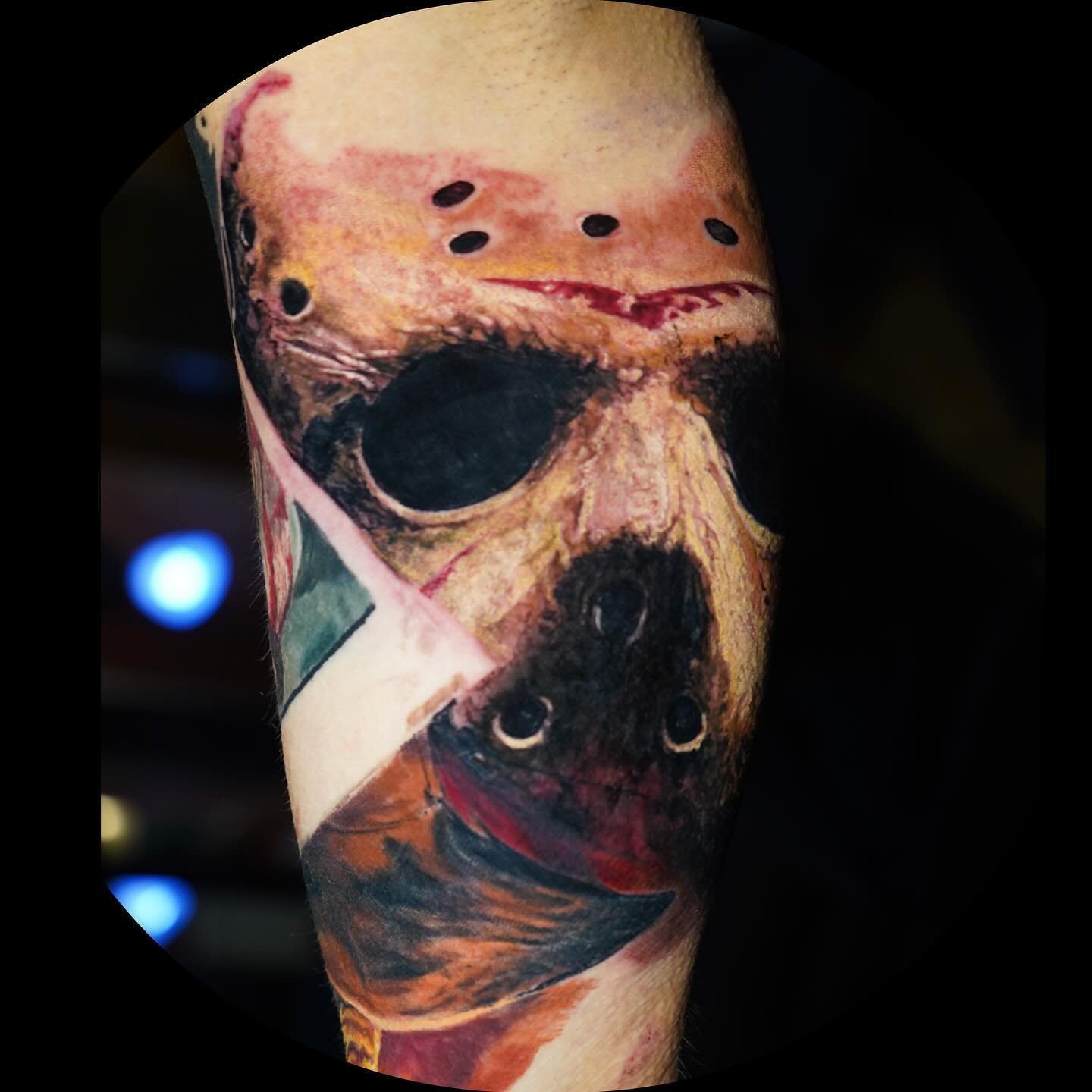Whos planning a camping trip this summer? I know a spot! Added to @dgcolorado horror themed sleeve. Love how this is coming together . What are your thoughts? #artesobscurae #realgone #realgonedenver #customtattoo #largescale #trashpolka #largescalet