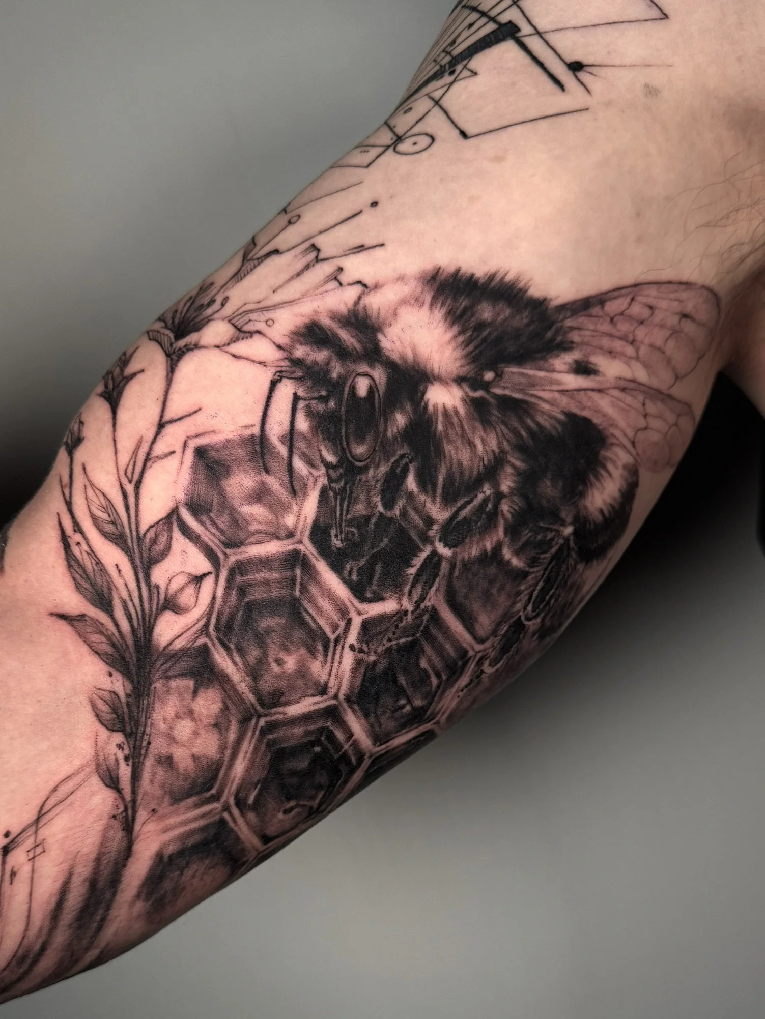A tattoo on a person's arm depicting a bee with detailed wings, head, and thorax, surrounded by a geometric honeycomb pattern.