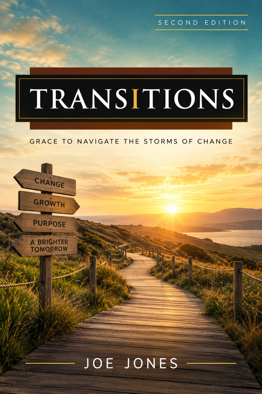 Cover of a book titled 'Transitions' by Joseph Jones, with the subtitle 'grace to navigate the storms of change', featuring a green background with decorative patterns.