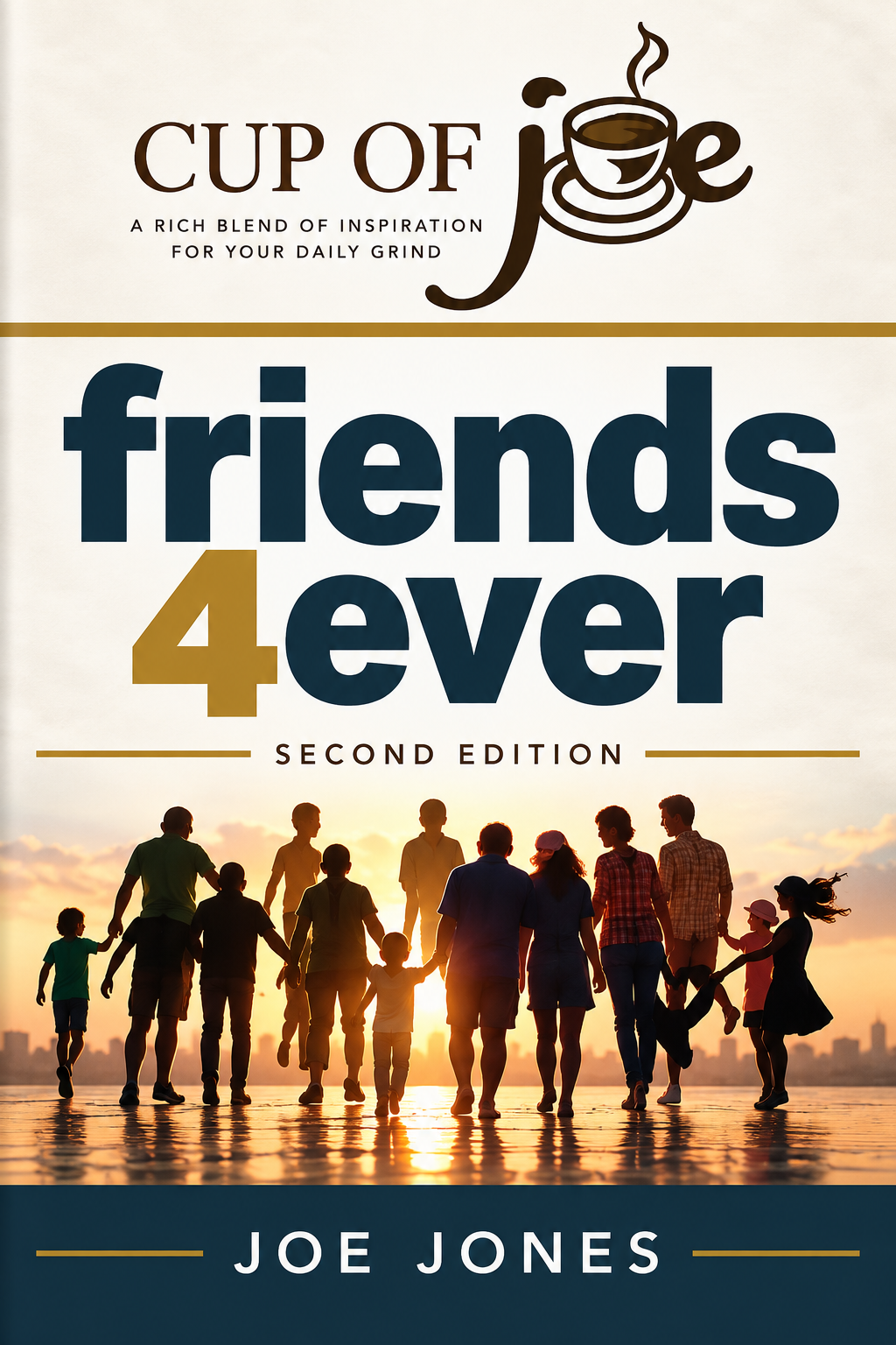 Graphic with the words 'friends 4ever' in bold black font above a multicolored silhouette of diverse people holding hands.