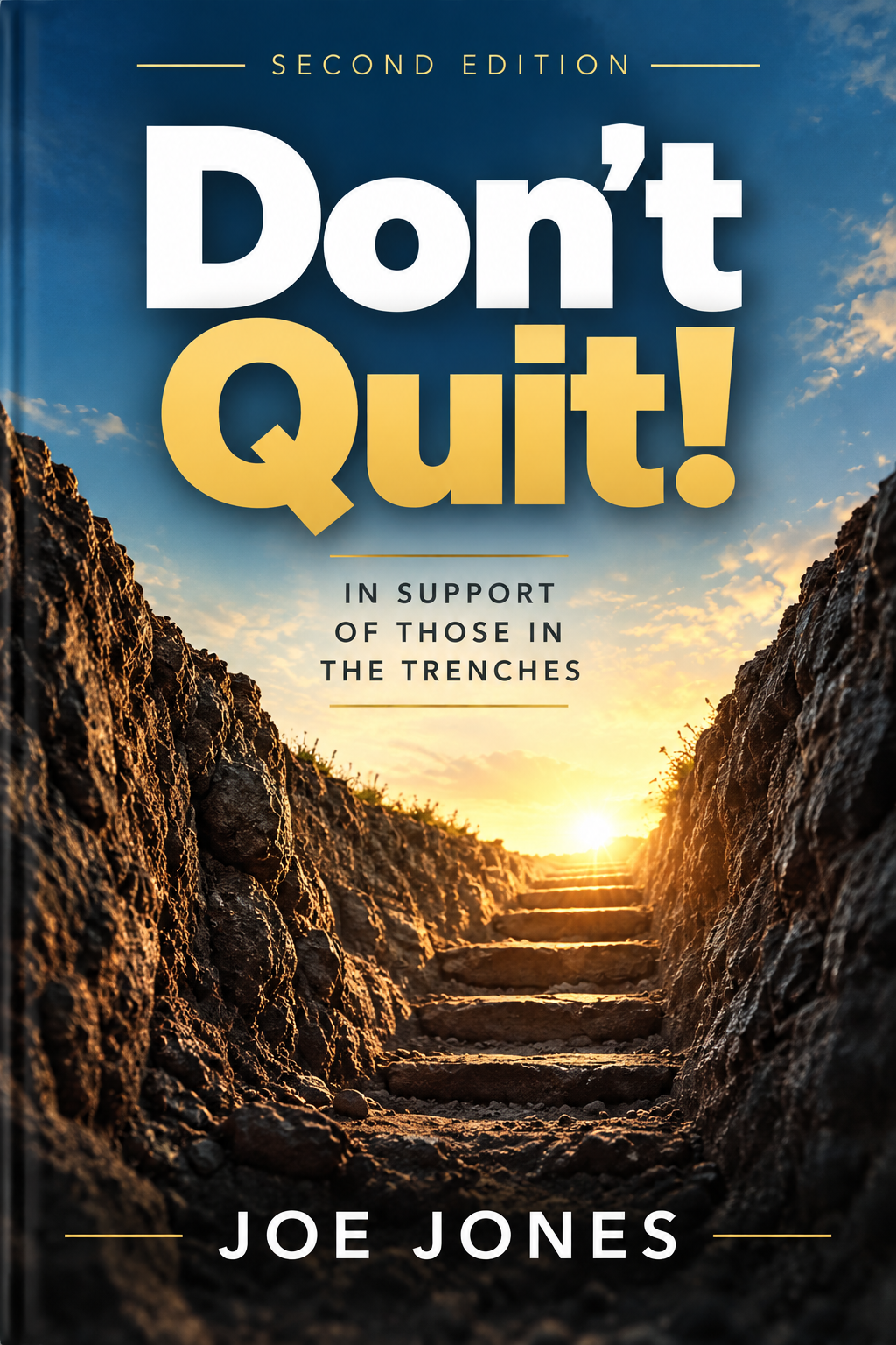 Hand-painted sign with the words 'Don't Quit!' written in white cursive with red shadows on a textured dark teal background.