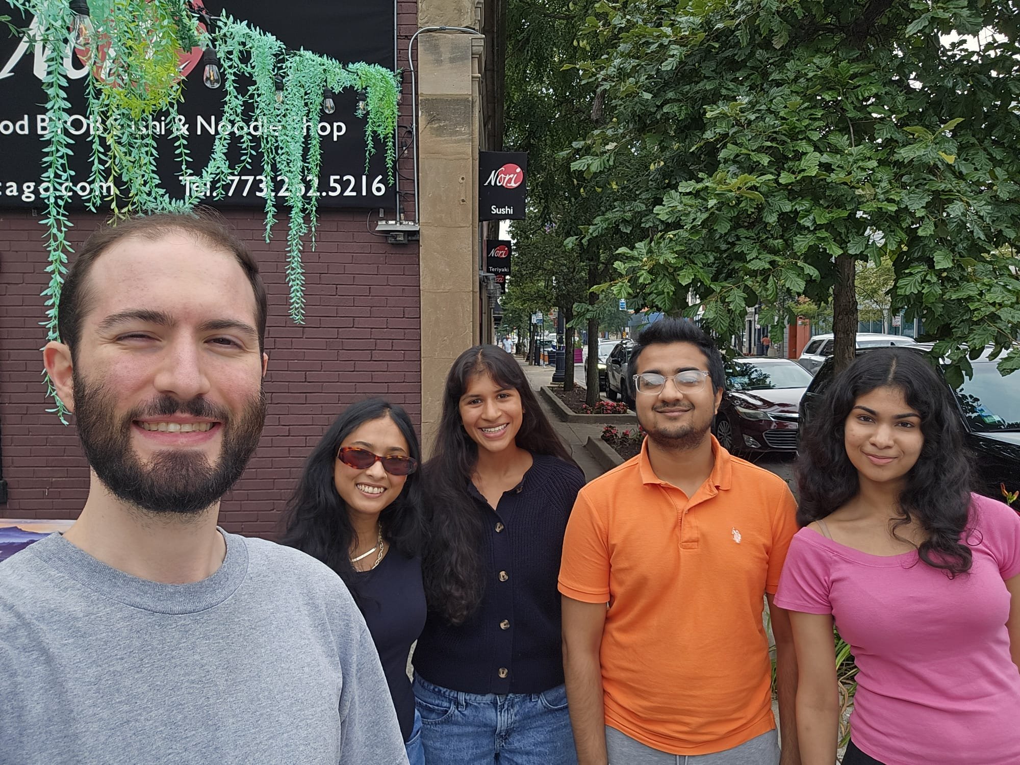 Ray group at the End of summer lunch 2026. This time we were accompanied with these two great summer interns who spent tehir time learning about protein-lipid interactions. Anya (near Aryana) from UMichigan, and Sahasra (near Rushi, in pink) from Wil