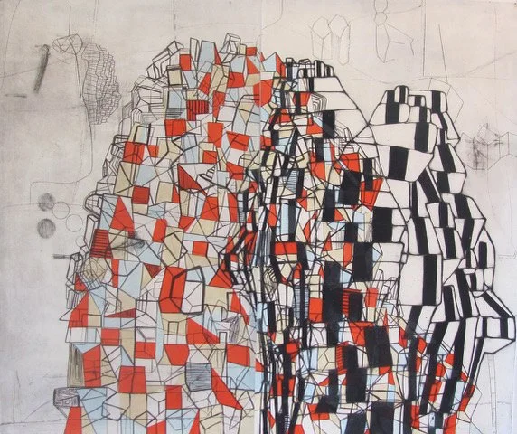 Abstract architectural sketch with geometric shapes, mainly rectangles and cubes, filled with red, black, and white colors.