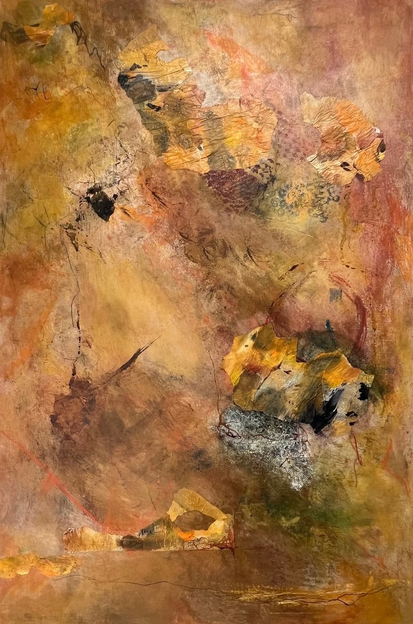 Sara Doolittle - Another Universe, Acrylic paint, ink, paint-laden palette paper, wax pencils, and cold wax., 36 in x 24 in, 2025, $475