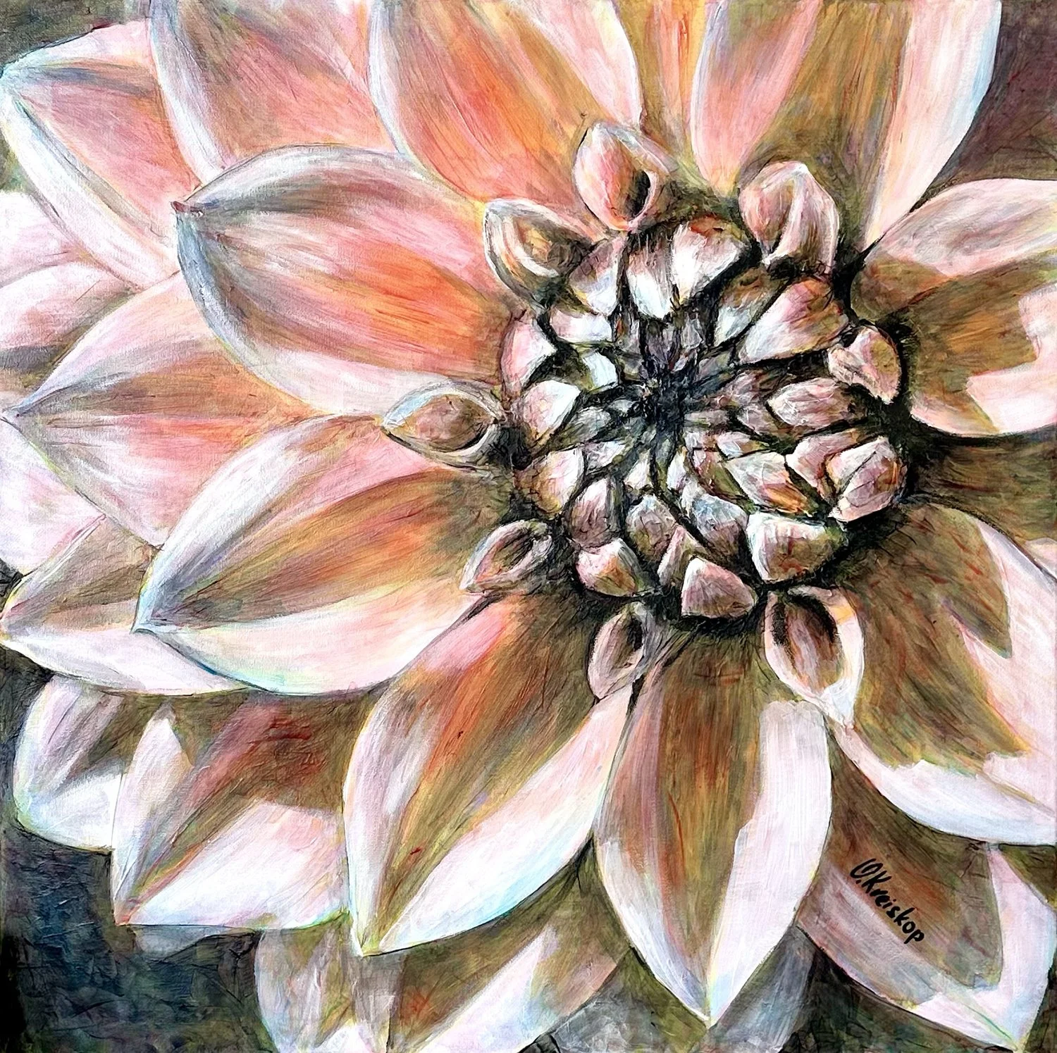 Olga Kreiskop - Sunlit Dahlia,  60 × 60 cm, acrylic on stretched canvas, 2025, $1,372.04