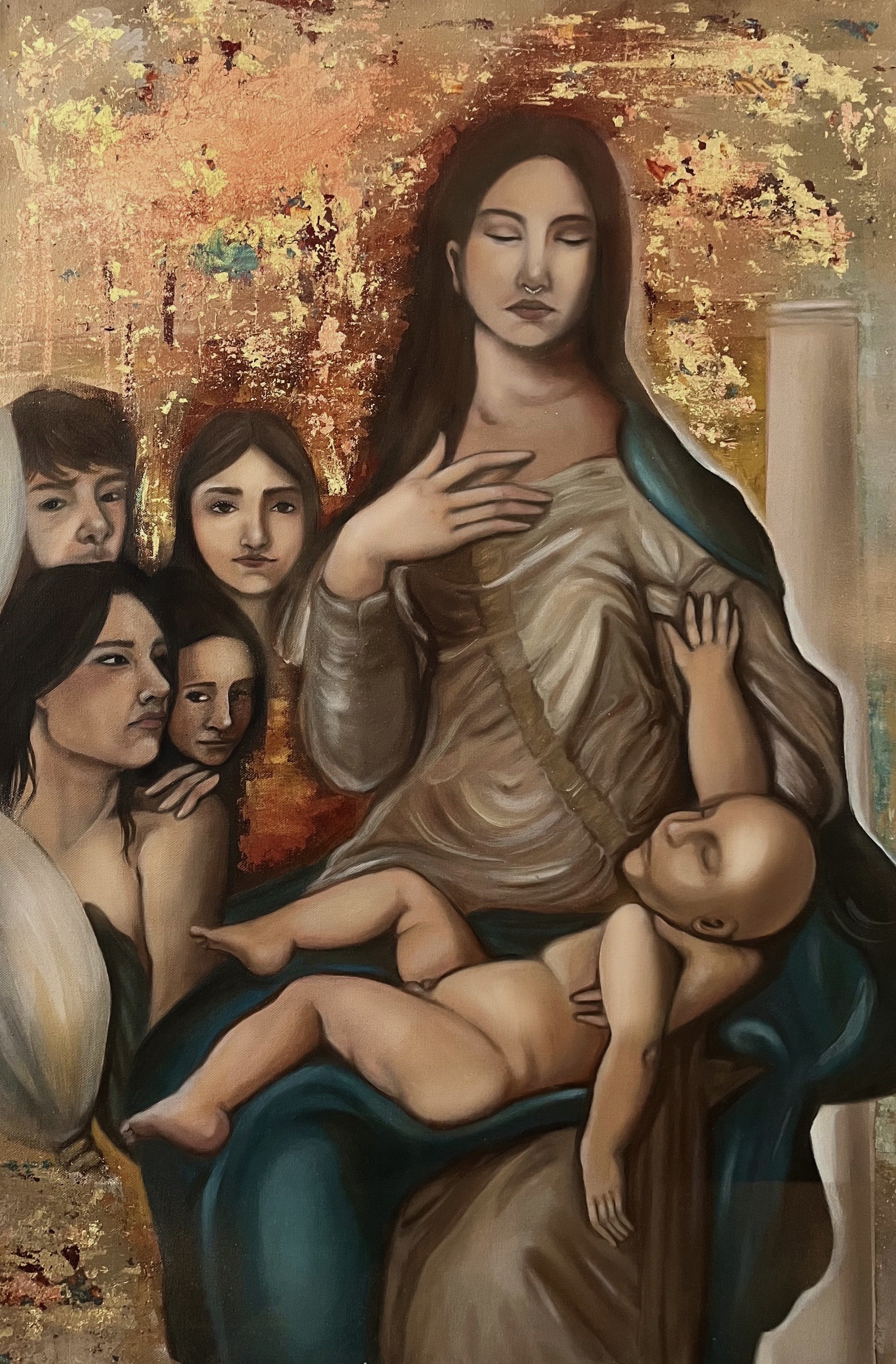 Ecrin Onursal - Madonna of the Unseen, Oil paint, gold leaf, spray paint, 24x36, 2025, $1,800