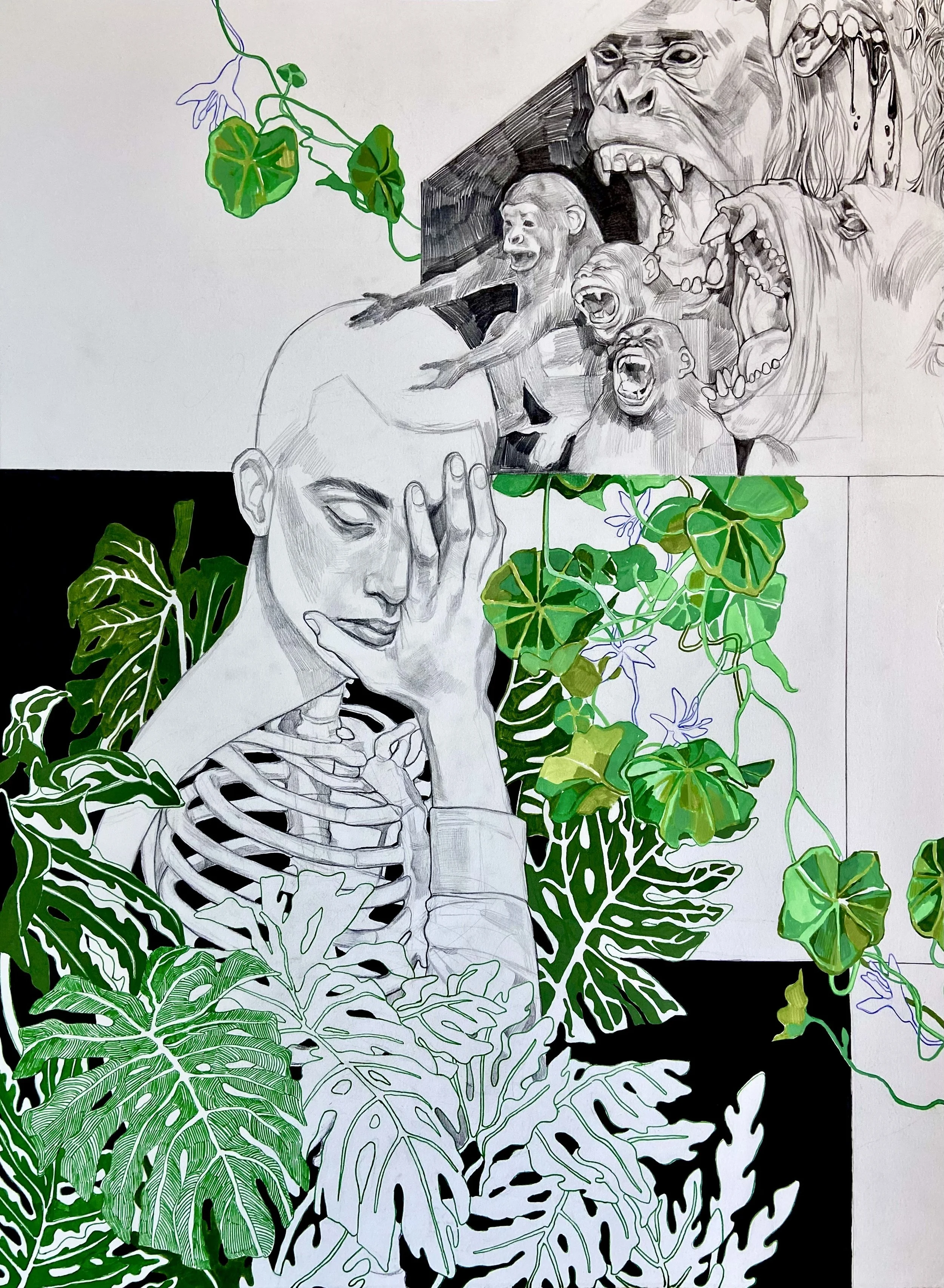 Ashley Hein - "Animal Instinct", 22 x 30 inches, graphite, watercolor, ink, gouache, colored pencil, 2025