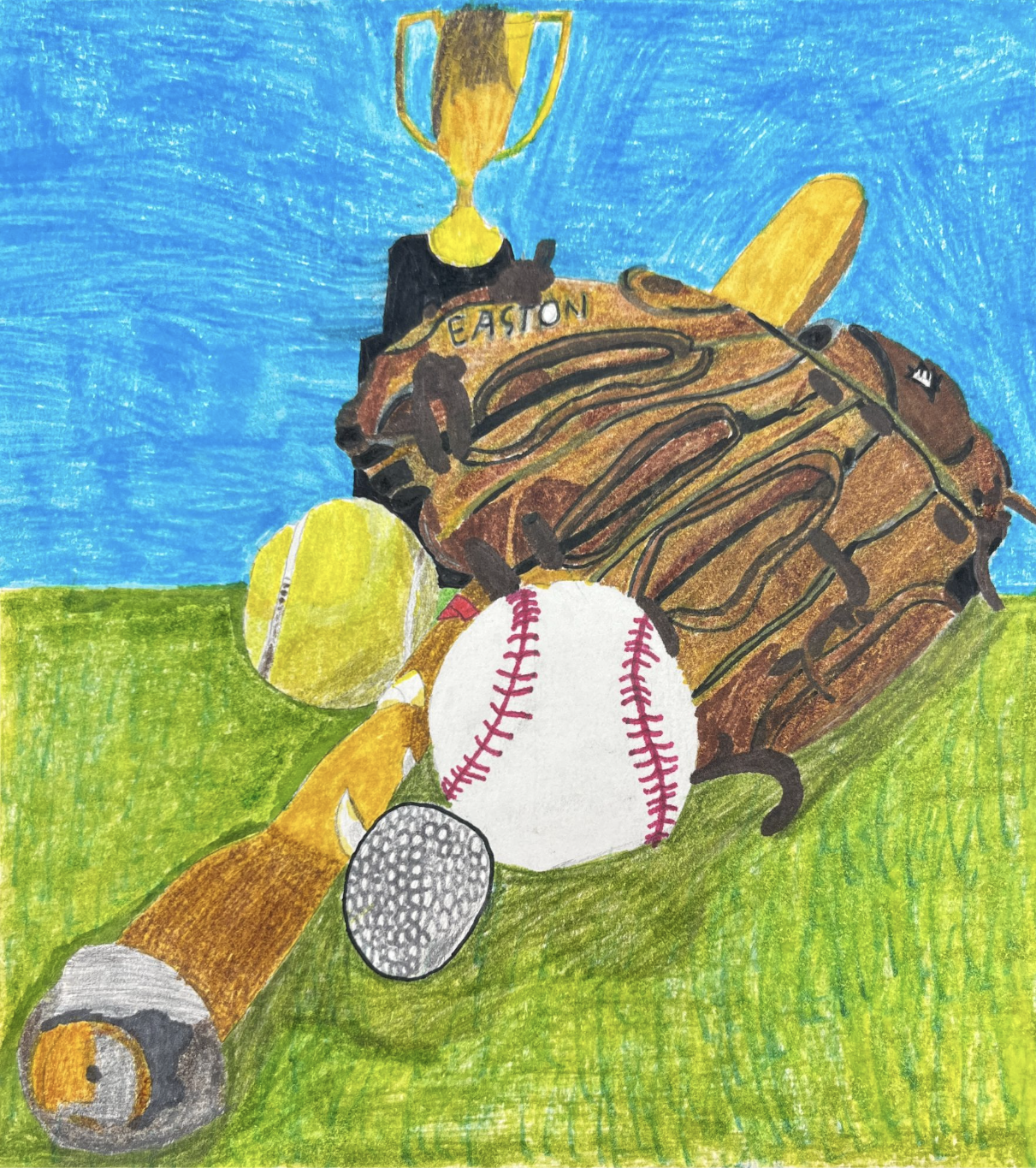 Connor Vaughn - Sports Still Life, alcohol markers, pencil and black pen, 8.5 by 8 in, 2025