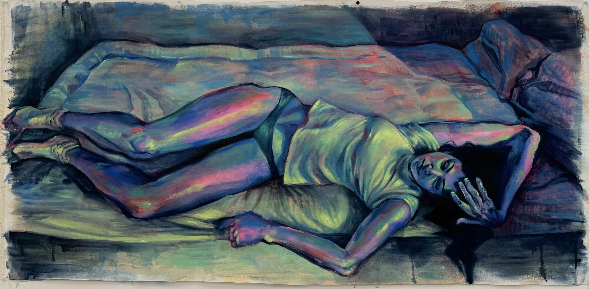 Sophie Mahoney - “Long Day", acrylic and oil on un-stretched canvas, 2025