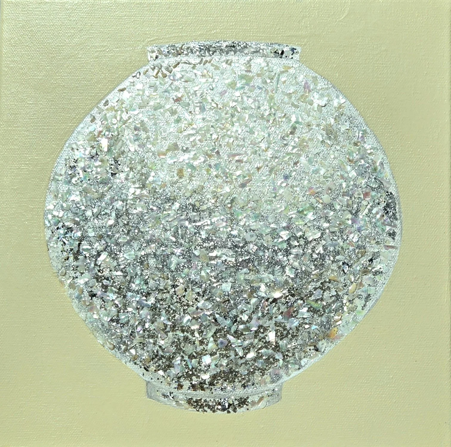 Jisoo Park - Moon Jar of Light, mother-of-pearl and acrylic on panel, 15.7 × 15.7 in, 2025