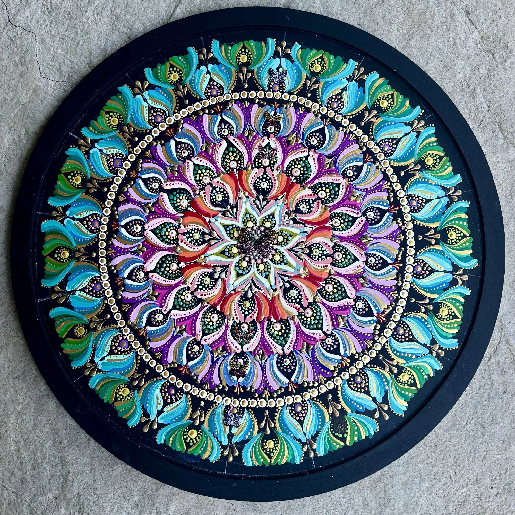 Kristen Savoy - “Madagascar” Mandala, Acrylic on wood, 24.8” round February 12, 2025, $300