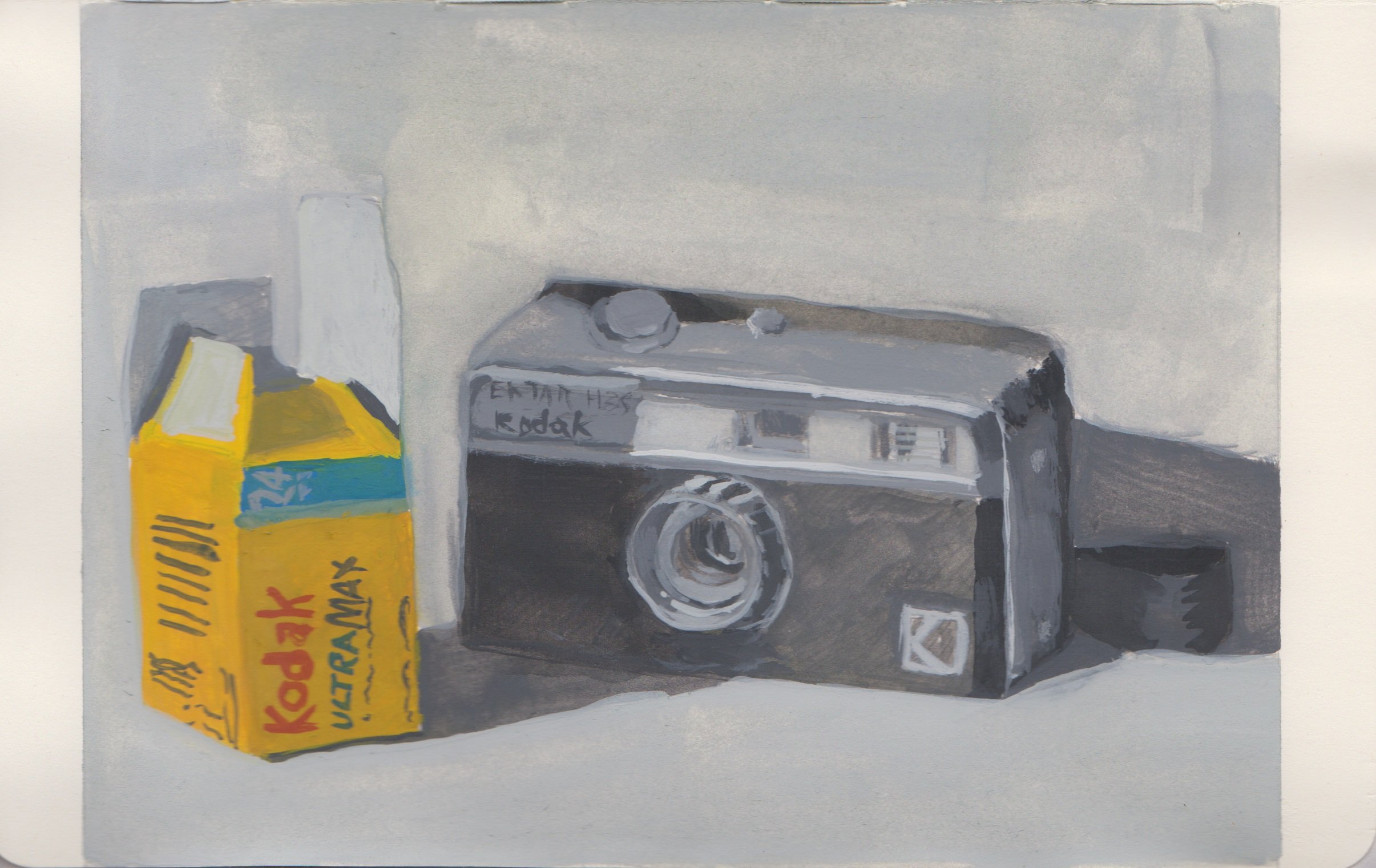 Taylor Edwards - Kodak H35 Ektar with Film Box (Alt title: Lens), Gouache on Moleskine paper, 5 x 8.25 inches full size of sheet (5x7 active area), 2025, $180 (Canadian Dollars)