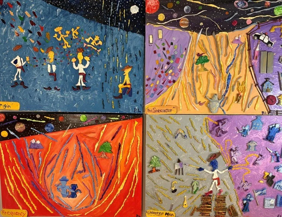 Bob Luke - “Becoming a Universe Man", Oil paint on wood and carvings, 64” wide X 48” tall, 2025