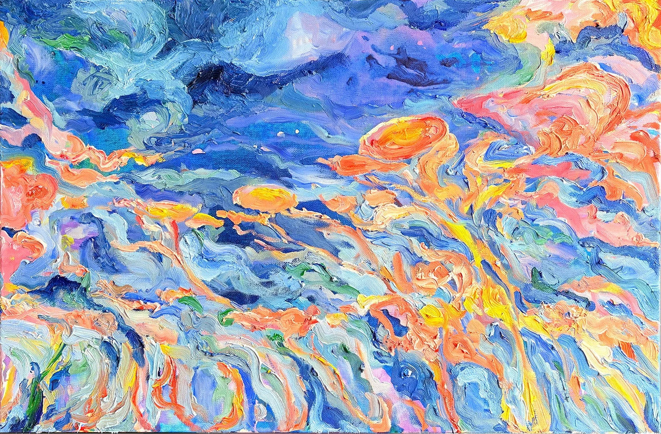 Shengrui Wang - "Flame-Lotus in Summer’s Blue Surge", mixed media, 40x60 cm, 2025, $2000