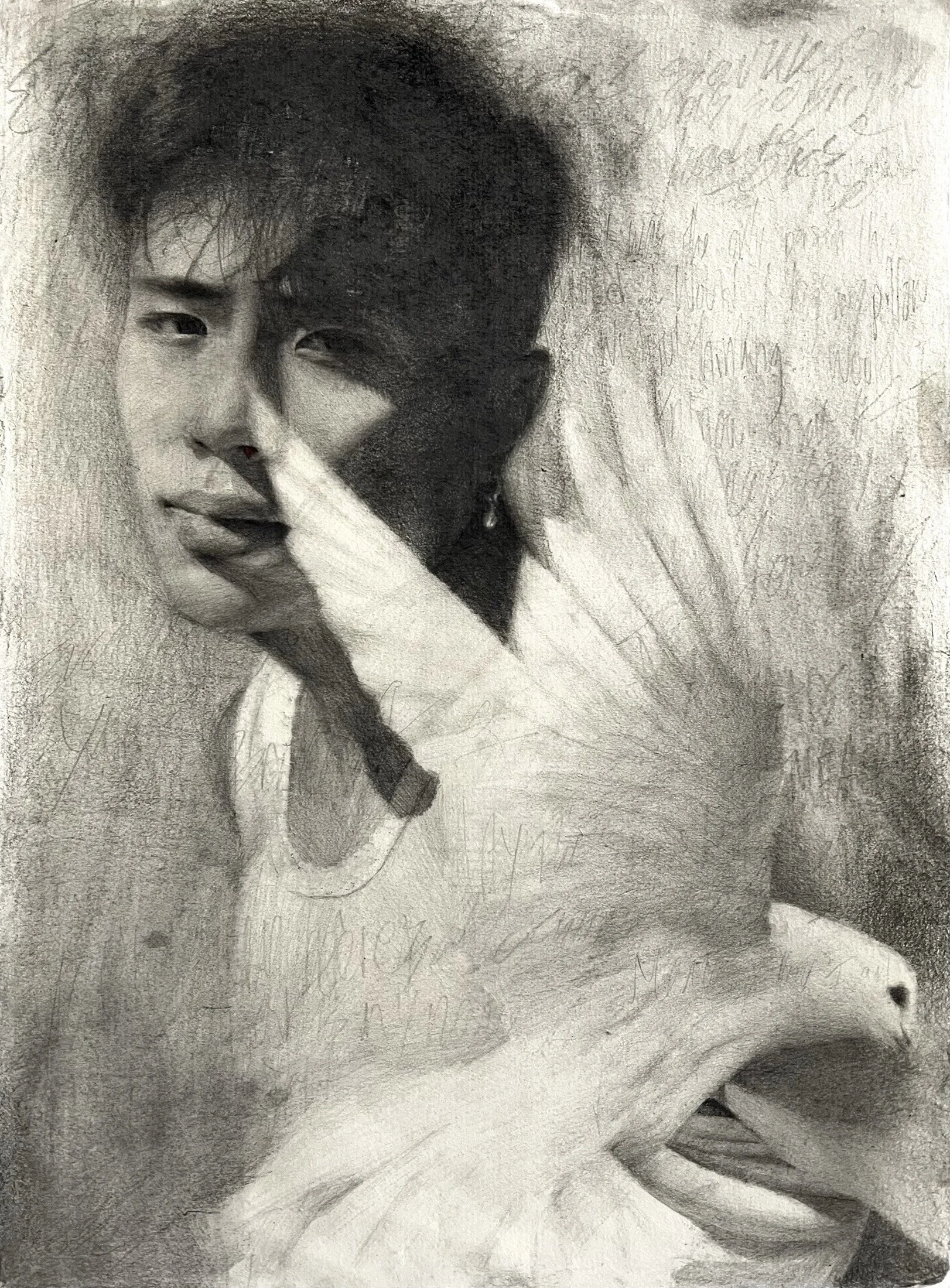 Marcus Venegas - "Haven", graphite and cannabis ash on Japanese paper, 13"x17", 2025