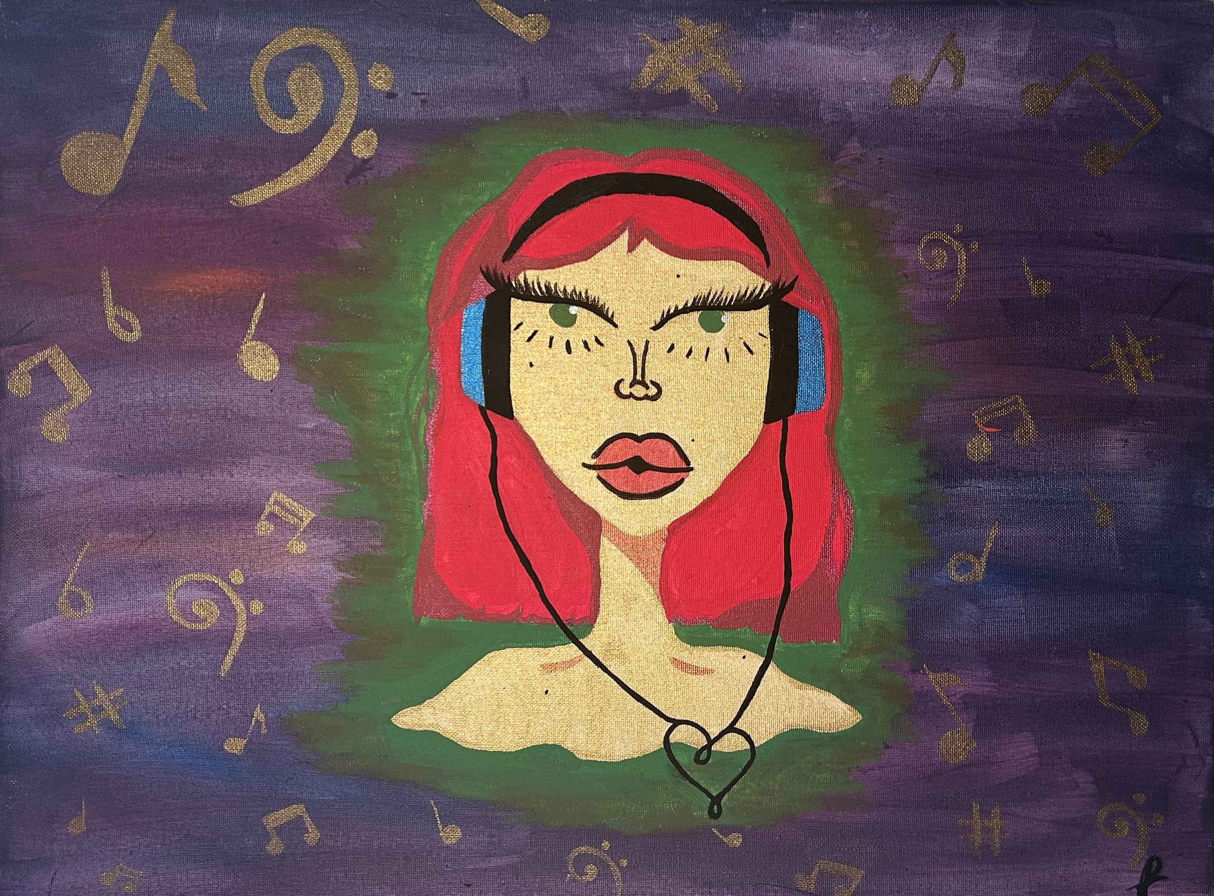 Taijah Newson - Headphone Love, Acrylic and Metallic paint, paint brushes, 24x16