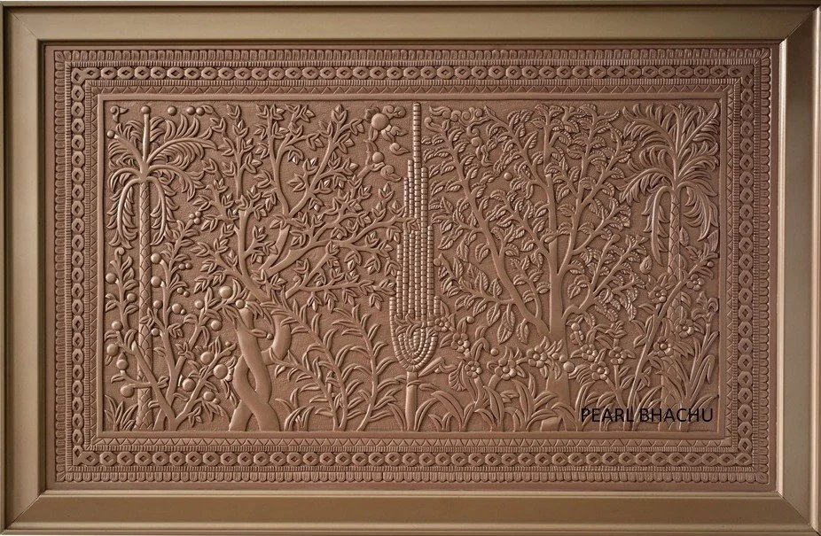Pearl Bhachu - Emperor's Garden, handcarved wood-fibre board, 55x35 in., 2019