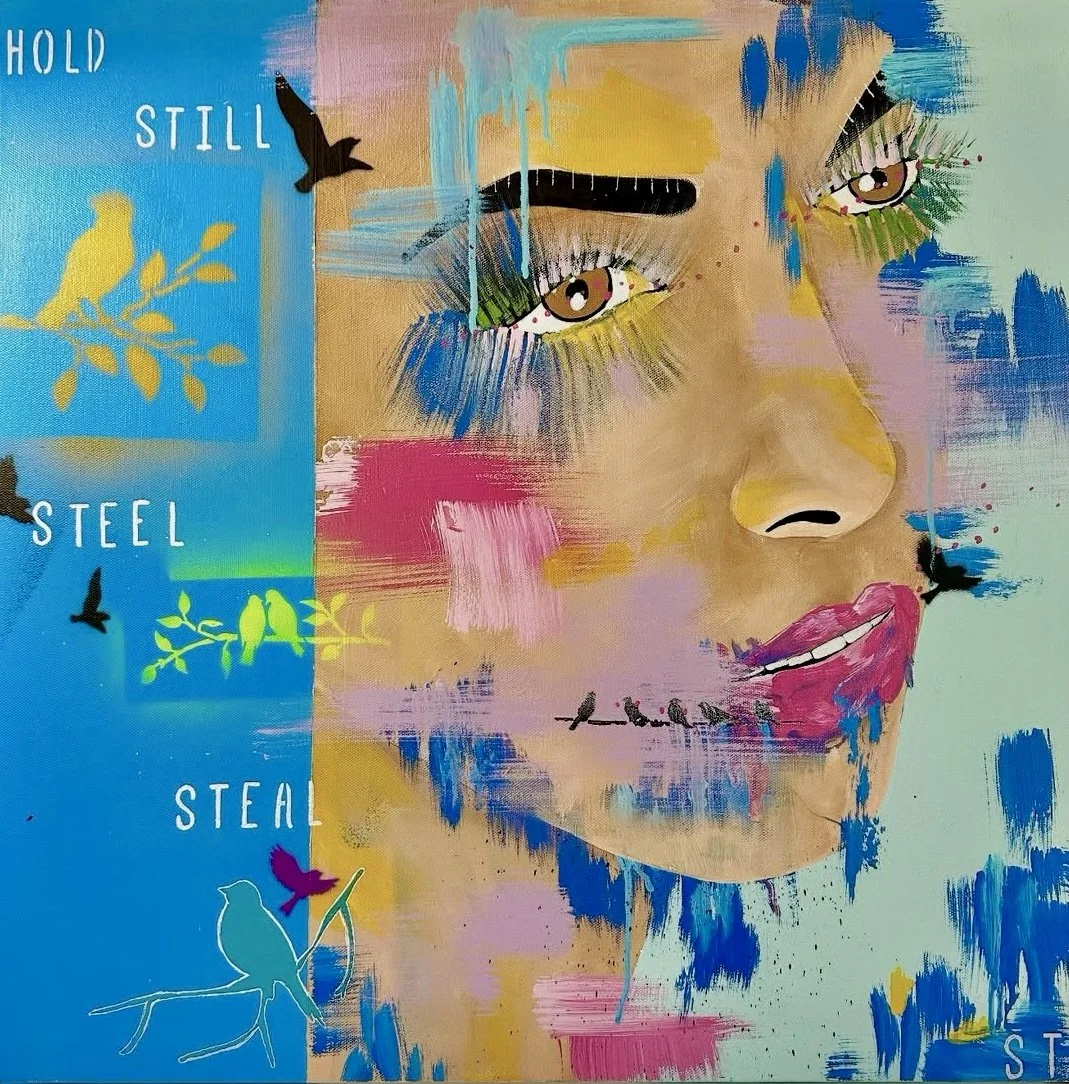 Krissi Oden - Hold Still/Steal/Steel, Acrylic & Spray Paint, 24"x24", 2025