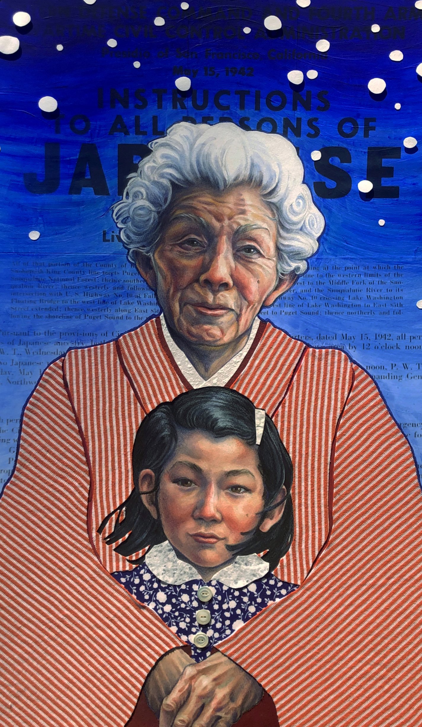 Aaron Boyd - Nisei IS Home, watercolor, colored pencil, acrylic, papers, fabric and matte medium
29"x18", 2024