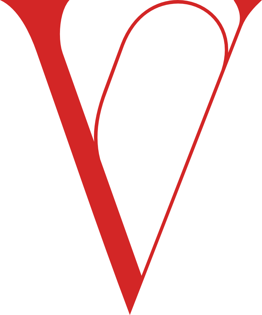 A stylized letter V with red and black outlines.