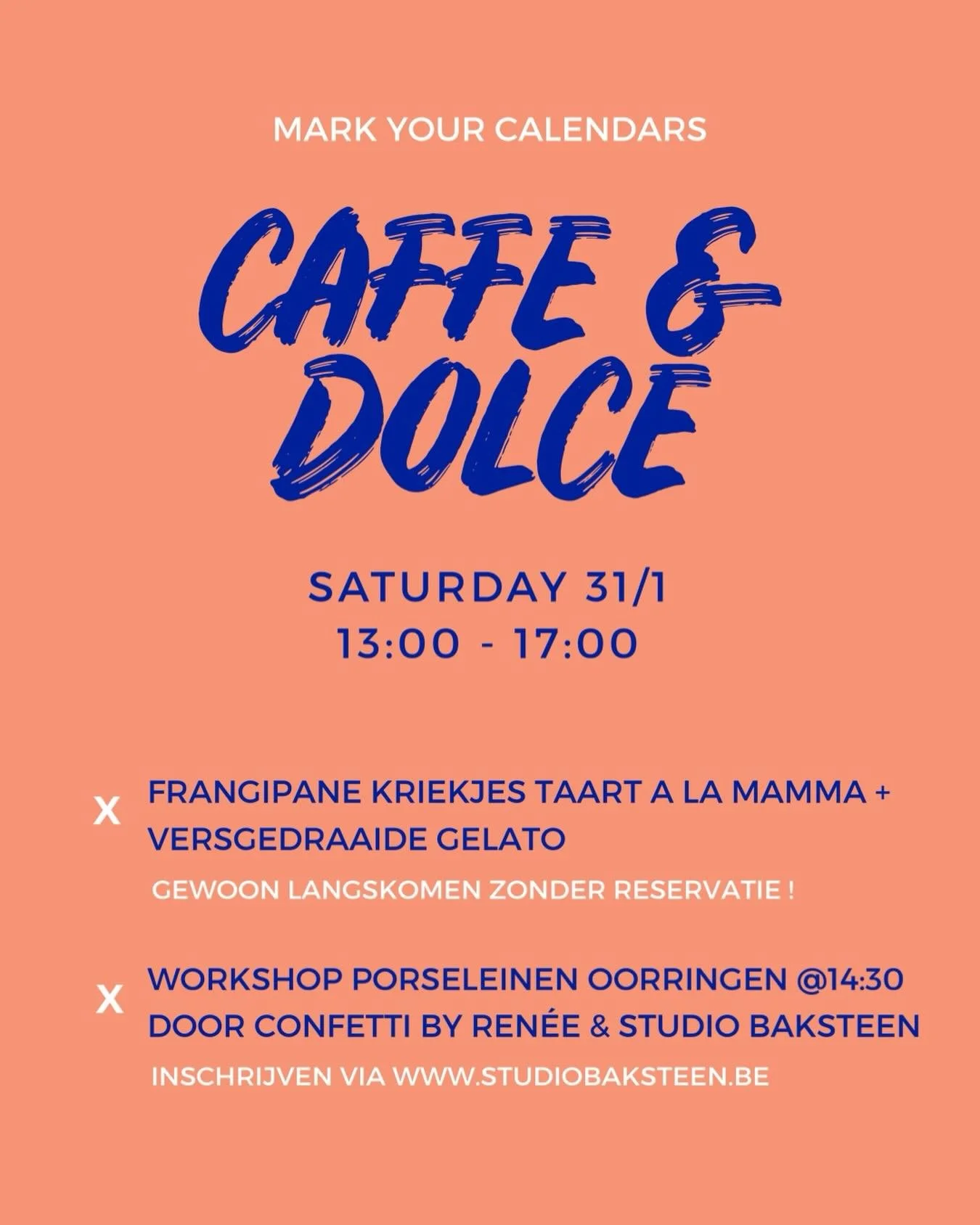 ✨ Uitzonderlijk open op zaterdagmiddag 31/1! ✨
De laatste zaterdagmiddag van januari openen we speciaal voor Caff&egrave; &amp; Dolce ☕🍰
Kom langs tussen 13:00 en 17:00 voor frangipane kriekjes taart &agrave; la mamma en versgedraaide gelato.

🎨 Om