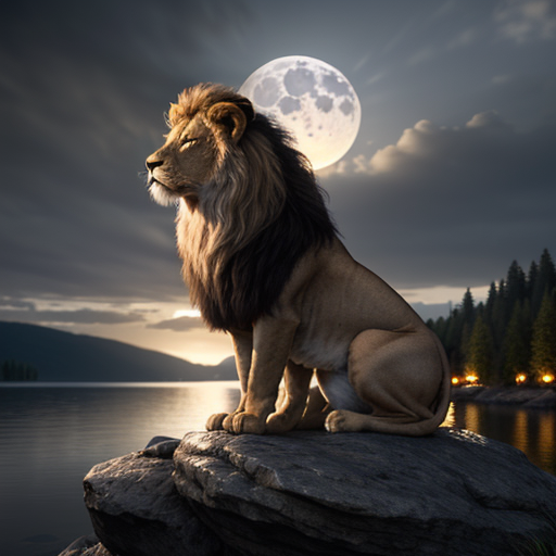 A lion sitting on a rock near a lake at night with a full moon in the sky.