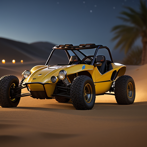 Yellow off-road dune buggy in desert at sunset