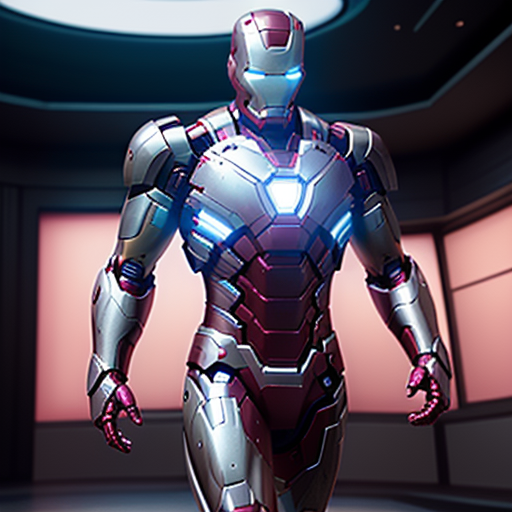 A person in a futuristic Iron Man-style suit standing in a high-tech room with pink and black lighting.